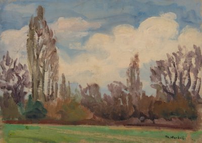 Paris Trees in Park — Oil painting, Fiberboard, 33.00×46.00cm — Theodoros Markellos